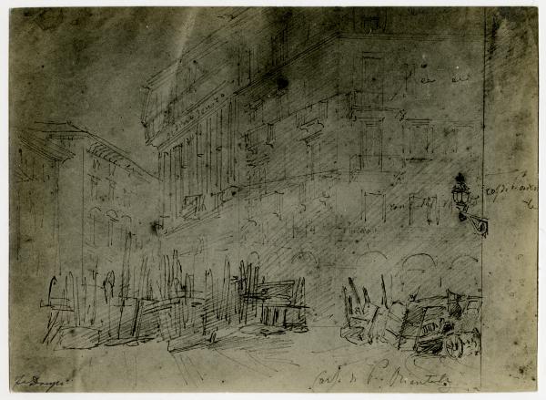 Disegno - Barricate a Milano durante le Cinque Giornate del 1848 - Corso di Porta Orientale - Felice Donghi