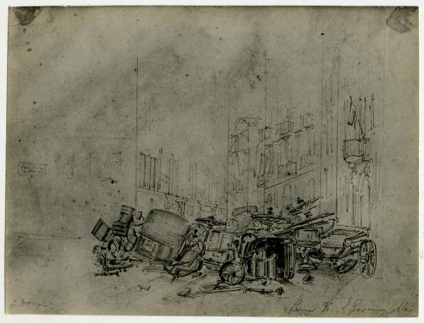 Disegno - Barricate a Milano durante le Cinque Giornate del 1848 - Piazza di San Giovanni alla Creta (?) - Felice Donghi