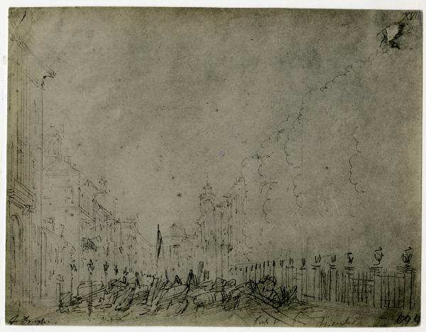 Disegno - Barricate a Milano durante le Cinque Giornate del 1848 - Corso di Porta Orientale - Felice Donghi