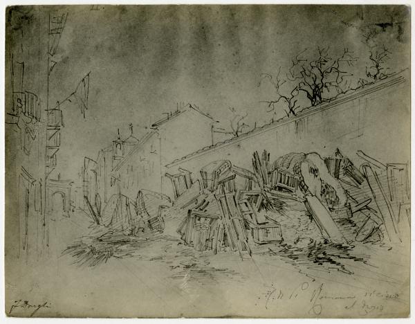 Disegno - Barricate a Milano durante le Cinque Giornate del 1848 - Corso di Porta Romana vicino al dazio - Felice Donghi