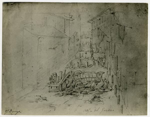 Disegno - Barricate a Milano durante le Cinque Giornate del 1848 - Corsia del Giardino - Felice Donghi