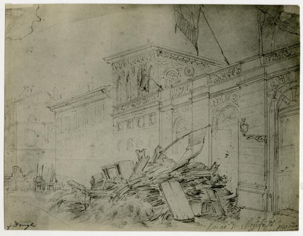 Disegno - Barricate a Milano durante le Cinque Giornate del 1848 - Borgo di Monforte vicino al Governo- Felice Donghi