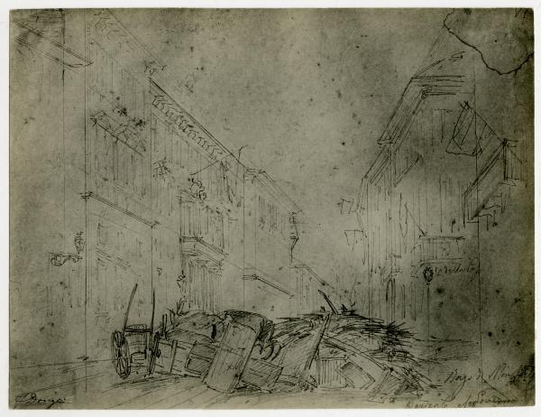 Disegno - Barricate a Milano durante le Cinque Giornate del 1848 - Borgo di Monforte vicino all'ex Governo - Felice Donghi