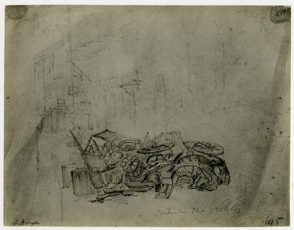 Disegno - Barricate a Milano durante le Cinque Giornate del 1848 - Contrada dei Nobili - Felice Donghi