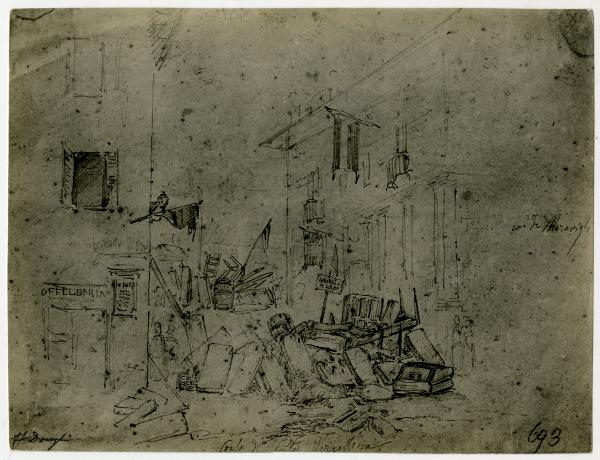 Disegno - Barricate a Milano durante le Cinque Giornate del 1848 - Corso di Porta Vercellina - Felice Donghi