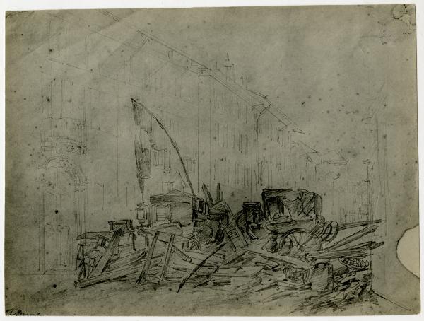 Disegno - Barricate a Milano durante le Cinque Giornate del 1848 - Felice Donghi