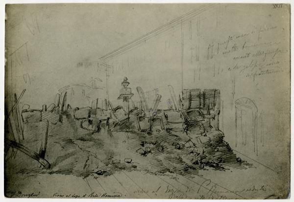 Disegno - Barricate a Milano durante le Cinque Giornate del 1848 - Porta Romana vicino al dazio - Felice Donghi