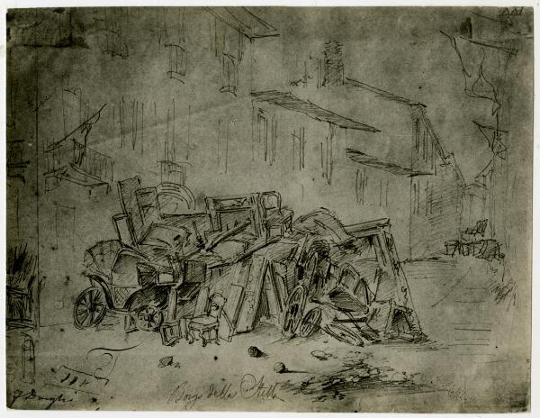 Disegno - Barricate a Milano durante le Cinque Giornate del 1848 - Borgo della Stella - Felice Donghi