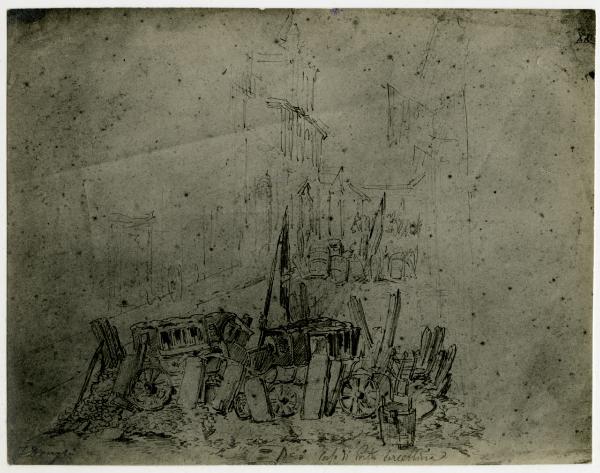 Disegno - Barricate a Milano durante le Cinque Giornate del 1848 - Corso di Porta Vercellina - Felice Donghi