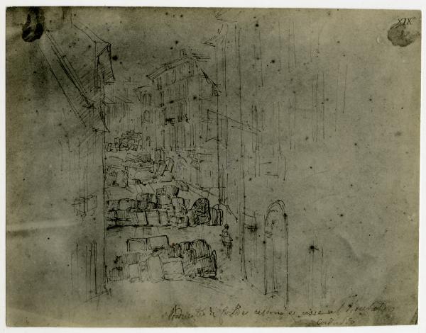 Disegno - Barricate a Milano durante le Cinque Giornate del 1848 - Felice Donghi