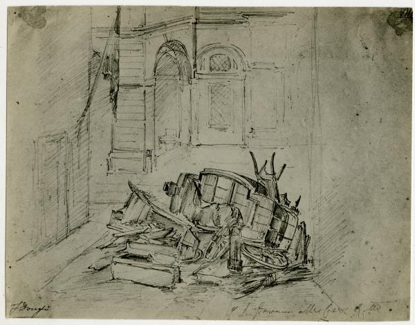 Disegno - Barricate a Milano durante le Cinque Giornate del 1848 - S. Giovanni alla Creta (?) - Felice Donghi