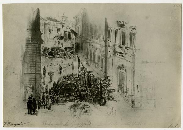 Acquerello- Barricate a Milano durante le Cinque Giornate del 1848 - Contrada di San Giuseppe, Teatro alla Scala - Felice Donghi