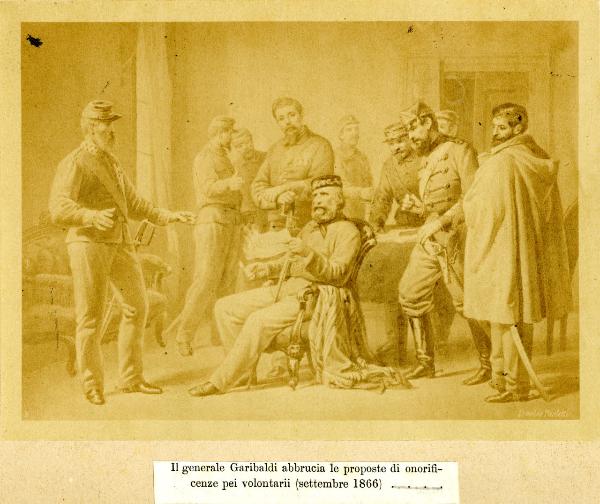 Dipinto - Garibaldi mentre brucia le proposte di onorificenze per i volontari nel 1866 - Ermolao Paoletti (?)