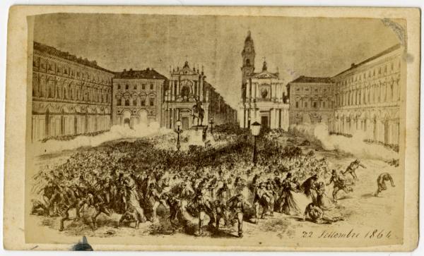 Incisione - Torino - Tumulti in piazza Carlo Alberto del 22 settembre 1864