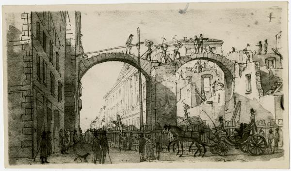 Pagina d'album - Disegno a penna acquarellato - Demolizione della Pusterla di Porta Orientale - 1818 - Giovanni Migliara - Alessandria - Biblioteca Civica