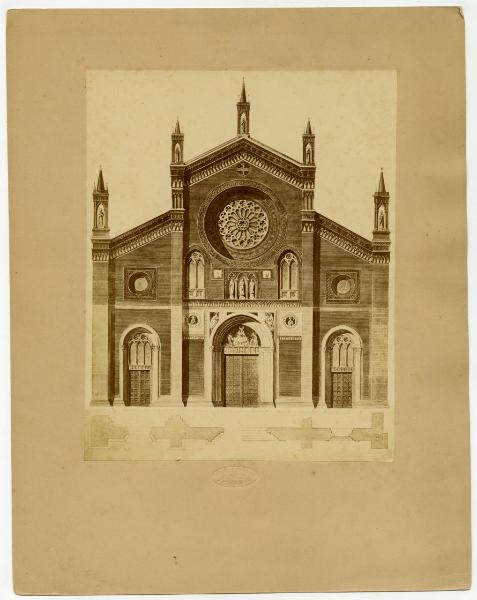 Milano - via S. Marco - chiesa di S. Marco - veduta della facciata dopo il restauro di Carlo Maciachini del 1871 (fotografia tratta da disegno)