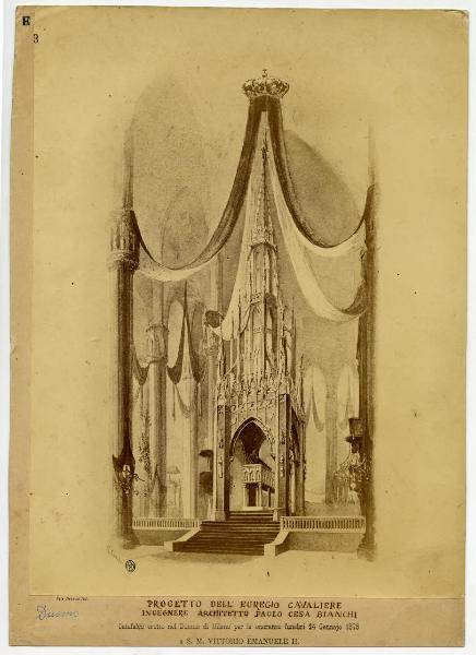 Milano - Duomo- veduta del progetto dell'Egregio Cavaliere Ingegnere Architetto Paolo Cesa Bianchi per il catafalco eretto nel Duomo di Milano per le onoranze funebri a S. M. Vittorio Emanuele II il 24 Gennaio 1878 (tratta da disegno)