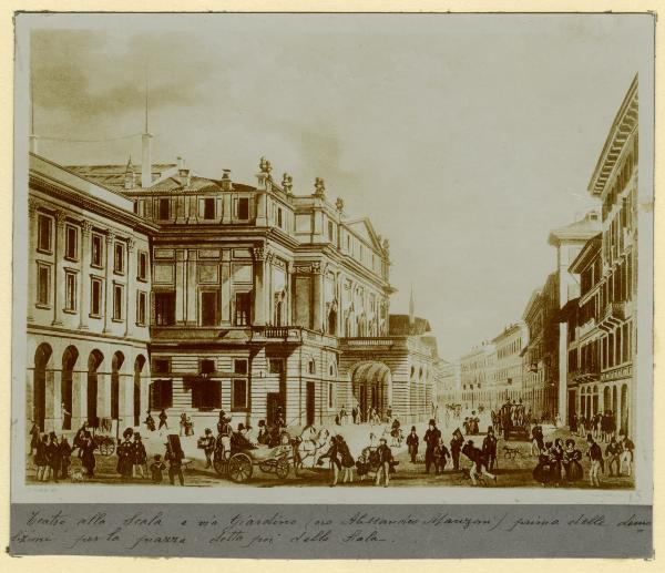 Stampa - Milano - Teatro alla Scala - Via Alessandro Manzoni - Persone a passeggio