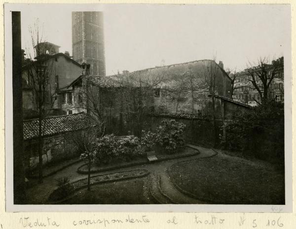 Milano - Piazza S. Ambrogio - Canonica - Edifici - Giardino con aiuole - Campanile