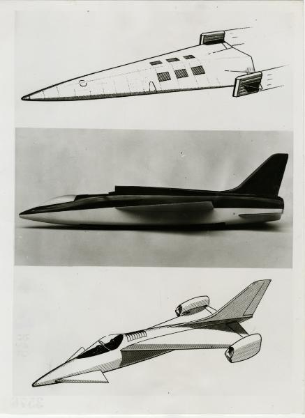 Riproduzione di disegni e di un modello-prototipo dell'aereo VTOL