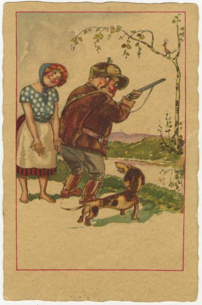 Disegno - Ritratto di coppia - Donna con uomo, cacciatore - Cane - Fiume