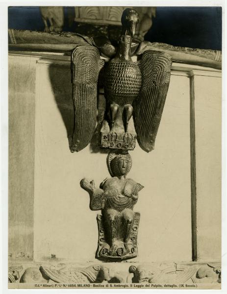 Scultura - rame - aquila e angelo - pulpito - scultore ignoto - Milano - basilica di Sant'Ambrogio - navata centrale