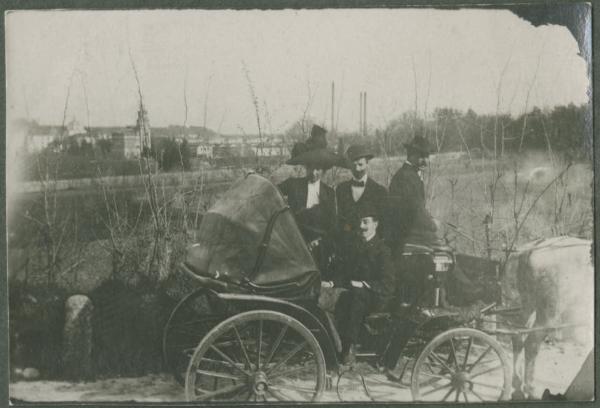 Ritratto di gruppo - Uomini e una donna su un carrozza - Esterno - Strada