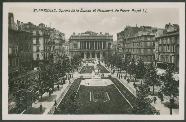 Marsiglia - Piazza della Borsa - Palazzo della Borsa - Monumento di Pierre Puget per lo scultore Henri-Edouard Lombard - Giardino - Palazzi - Persone
