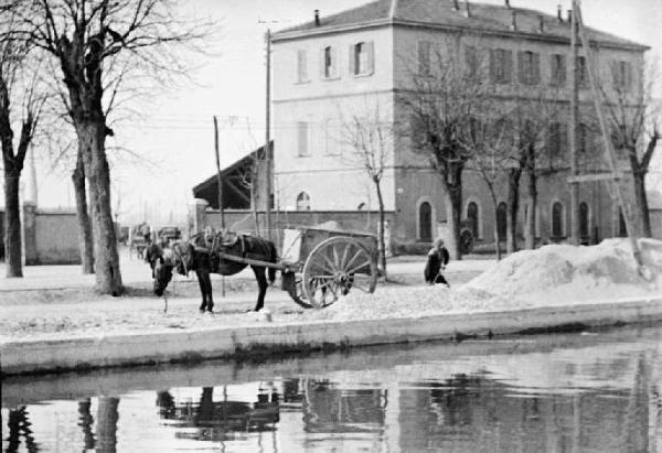 Pavia. Presidio militare (?) con carretto trainato da un asino