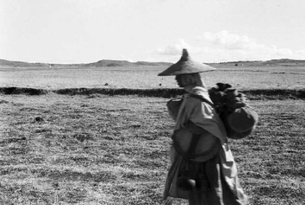 Viaggio in Africa. Paesaggio africano - in primo piano donna indigena trasporta un carico sulla schiena e sulla testa