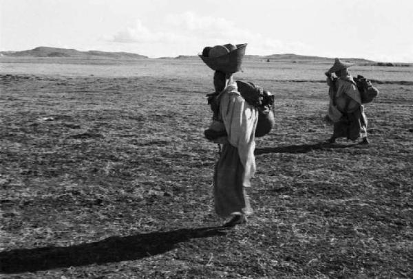 Viaggio in Africa. Paesaggio africano - in primo piano donne indigene trasportano un carico sulla schiena e sulla testa