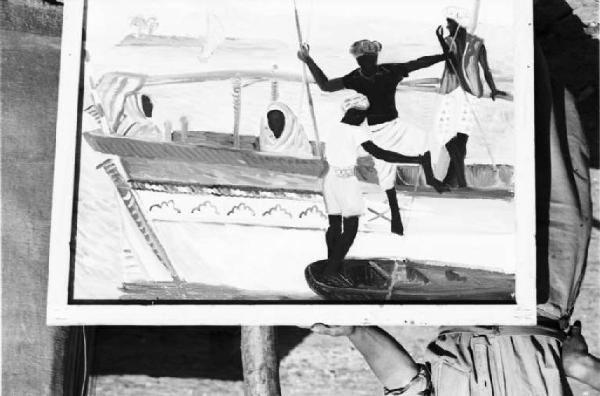 Viaggio in Africa. Riproduzione di un dipinto raffigurante un gruppo di indigeni a bordo di una imbarcazione