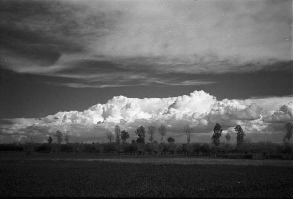 Paesaggio, la pianura Padana con i campi coltivati, i filari di pioppi e il cielo percorso da nuvole
