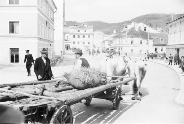 Viaggio in Jugoslavia. Postumia - carro trainato da buoi percorre una via