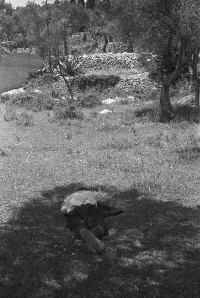 Viaggio in Jugoslavia. Dubrovnik (Ragusa): scene di vita quotidiana - uomo che dorme sdraiato in un campo all'ombra di un albero
