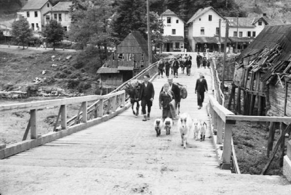 Viaggio in Jugoslavia. Yaitze: zona rurale lungo la Pliva. Il ponte attraversato da una carovana di pastori
