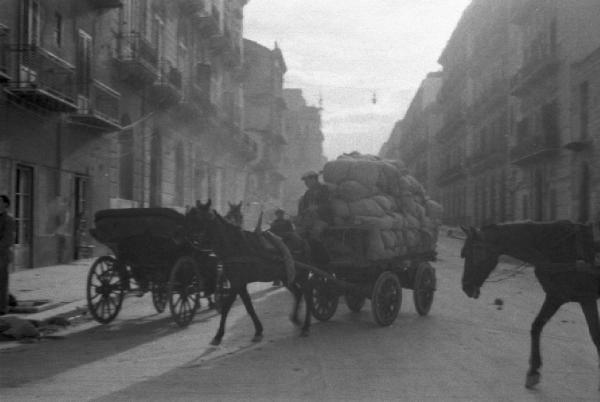 Italia Dopoguerra. Palermo. Carro trainato da cavallo trasporta sacchi