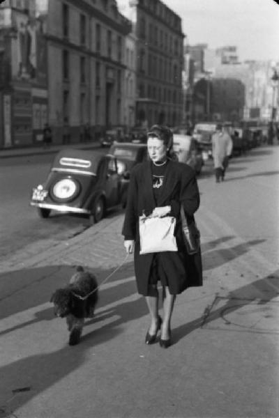 Parigi. Una donna passeggia con il cane lungo le vie della città