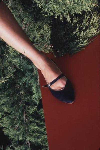 Gamba di donna con scarpa elegante nera sbuca da una fitta vegetazione - il piede rimane appoggiato su un cartoncino rosso
