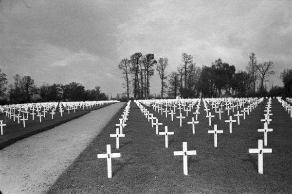 Normandia. St. Mère Eglise, cimitero di guerra. Fuga prospettica delle croci