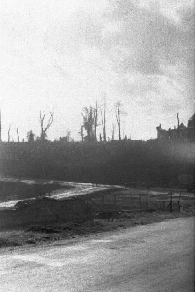 Normandia. St. Mère Eglise. La strada che conduce al paese e alberi spogli sullo sfondo