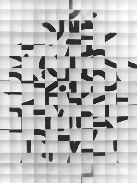 Riproduzione di un'opera di Bruno Di Bello - Scomposizione in  centonoventadue quadrati della tela con la scritta "L'ARTE?"