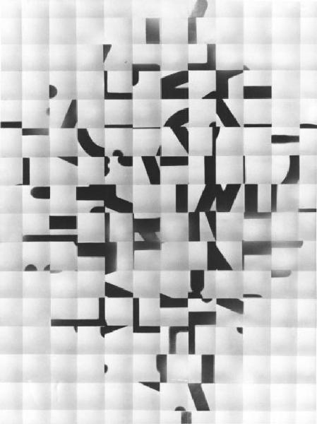 Riproduzione di un'opera di Bruno Di Bello - Scomposizione in centonovantadue quadrati della tela con la scritta "L'ARTE!"