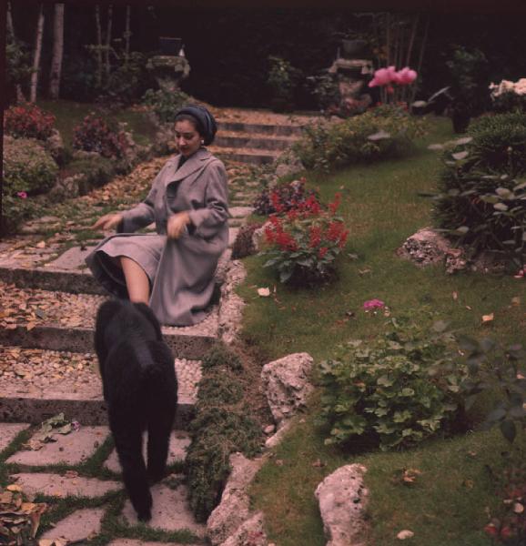 Milano - Abitazione di Maria Callas: esterno - Giardino - Ritratto femminile: Maria Callas (cantante lirica) seduta su scalini in pietra - Cane barboncino