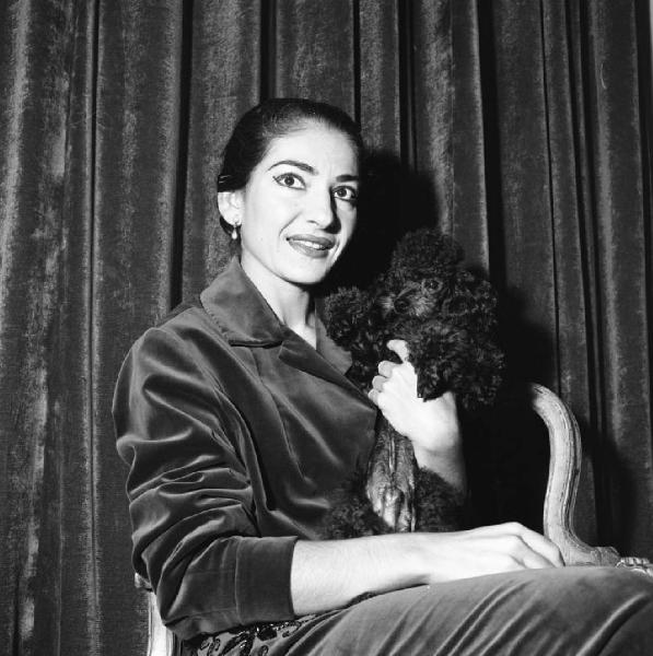 Milano - Abitazione di Maria Callas: interno - Ritratto femminile: Maria Callas (cantante lirica) con cane barboncino seduta su una sedia - Tenda
