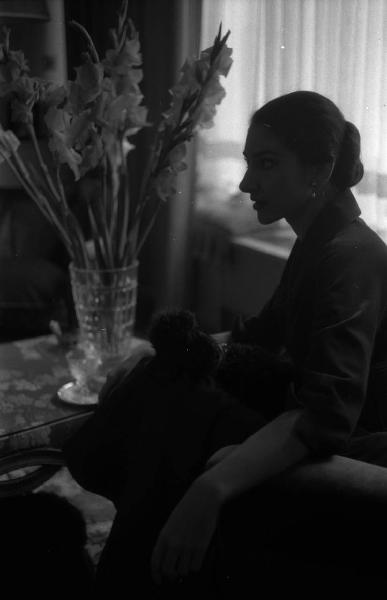 Milano - Abitazione di Maria Callas: interno - Ritratto femminile di profilo: Maria Callas (cantante lirica) seduta su una poltrona - Tavolo con vaso di fiori - Cane barboncino