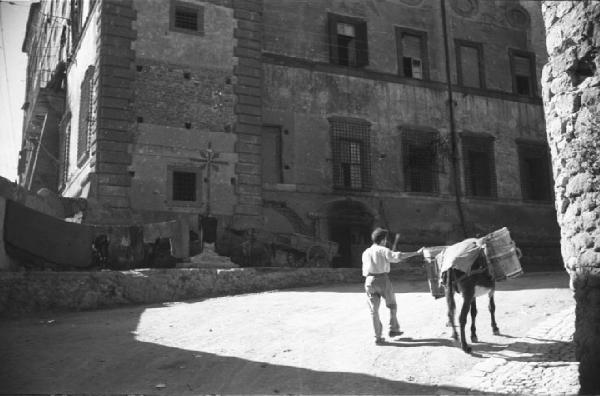 Italia Dopoguerra: Valmontone bombardata. Valmontone - Scorcio - Edifici - Ritratto maschile: uomo sulla strada con mulo