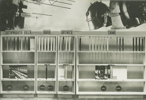 Milano - Fiera campionaria del 1936 - Padiglione Montecatini - Sala prodotti chimici per l'industria - Esposizione prodotti - Pannelli fotografici