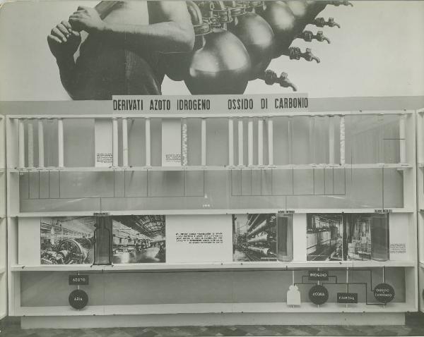 Milano - Fiera campionaria del 1936 - Padiglione Montecatini - Sala prodotti chimici per l'industria - Esposizione derivati azoto - idrogeno - Ossido di carbonio - Pannelli fotografici