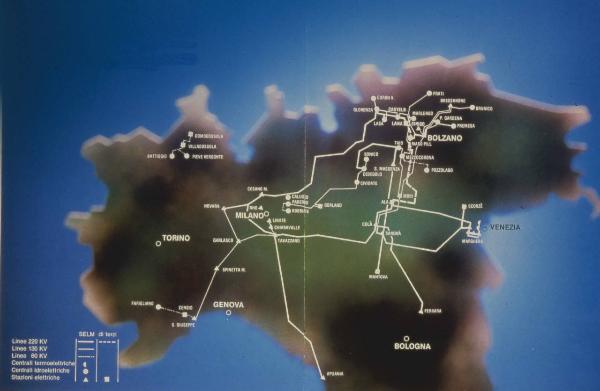 Nord Italia - Riproduzione - Carta geografica - Pianta rete elettrica Selm (Servizi elettrici Montedison)